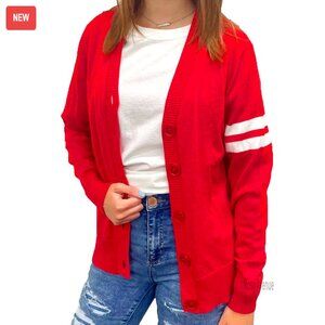 Varsity Letterman Cardigan Sweater Lightweight Knit Retro Vintage V-Neck